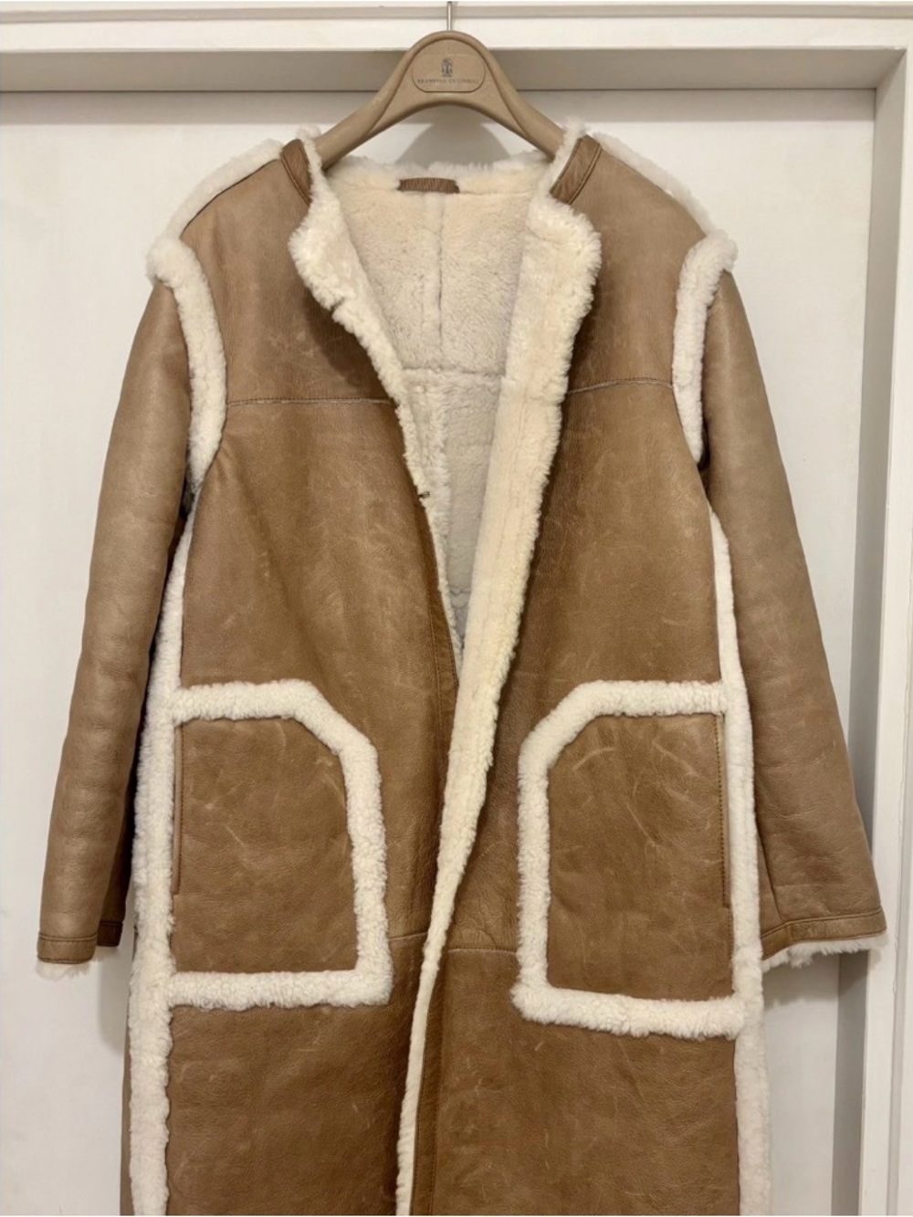 Moncler Tan Shearling Trench Coat with Cream Trim - Picture 2 of 12